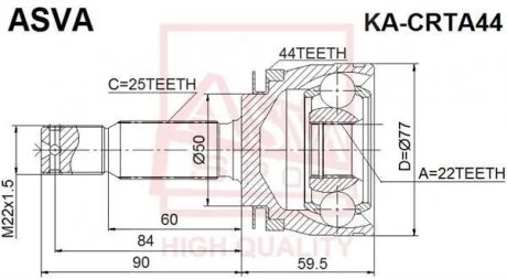 ШРУС зовнішній 22x49,5x25 (KIA CERATO I 2004-2009) ASVA KA-CRTA44