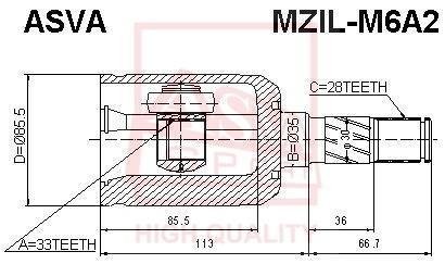 ШРУС ВНУТРІШНІЙ ЛІВИЙ 33x35x28 (MAZDA 6 GG 2002-2007) ASVA MZIL-M6A2