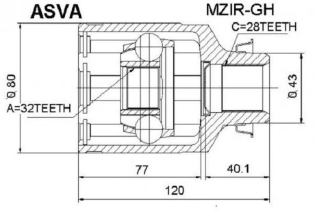 Шрус внутрішній правий 32X43X28 (MAZDA 6 GH 2008-2013) ASVA MZIR-GH