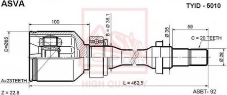 Шрус внутрішній правий 23x36x20 (TOYOTA CARINA E AT190/ST191/CT190 1992-1997) ASVA TYID-5010