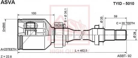 Шрус внутрішній правий 23x36x20 (TOYOTA CARINA E AT190/ST191/CT190 1992-1997) ASVA TYID-5010