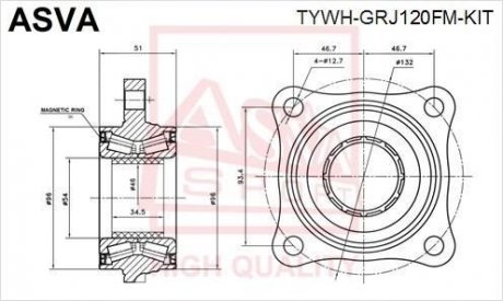 ПІДШИПНИК СТУПИЧНИЙ ПЕРЕДНІЙ КОМПЛЕКТ (TOYOTA LAND CRUISER PRADO 120 2002-2009) ASVA TYWH-GRJ120FM-KIT