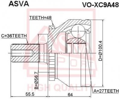 ШРУС зовнішній 27X56.7X36 (VOLVO XC90 2003-) ASVA VO-XC9A48