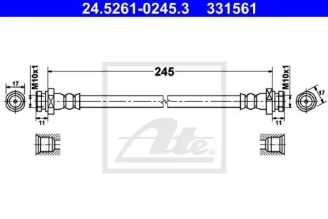 Гальмівний шланг гнучкий задн Лів (довжина 245мм, M10x1/M10x1) HYUNDAI I10 I, I10 II 1.0-1.2LPG 12.07-12.19 ATE 24526102453