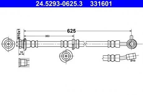Гальмівний шланг гнучкий передн Прав (довжина 625мм,діаметр 10мм, M10x1) NISSAN QASHQAI II 1.2-2.0 11.13- ATE 24529306253