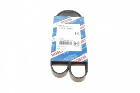 Фото ремінь П-клиновий 6PK1080 AUDI A2 BMW CITROEN PEUGEOT VW 1,4/1,6 SKODA SEAT BOSCH 1 987 947 842 Ремінь П-клиновий 6PK1080 AUDI A2 BMW CITROEN PEUGEOT VW 1,4/1,6 SKODA SEAT BOSCH 1 987 947 842