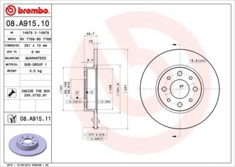 Тормозной диск BREMBO 08A91510