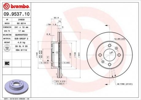 Тормозной диск BREMBO 09953710 (фото 1)