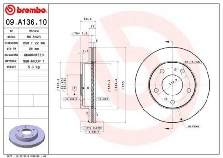 Тормозной диск BREMBO 09A13610 (фото 1)