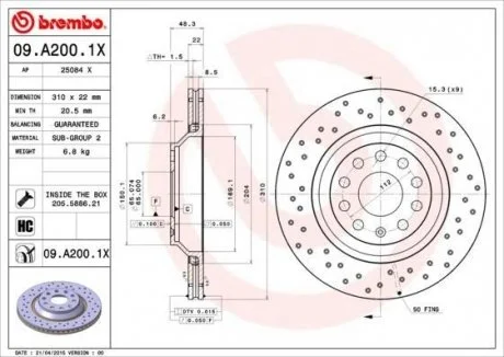 Фото гальмівний диск BREMBO 09A2001X Гальмівний диск BREMBO 09A2001X