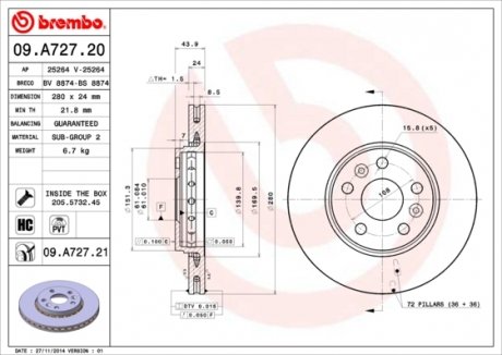 Диск тормозной BREMBO 09A72721