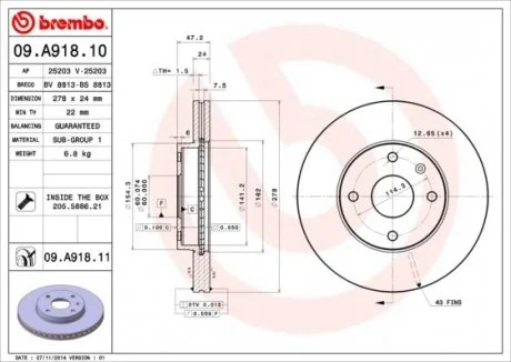Тормозной диск BREMBO 09A91810
