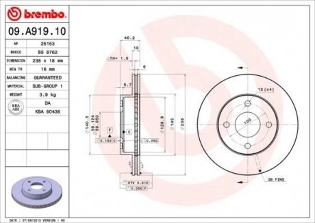 Тормозной диск BREMBO 09A91910 (фото 1)