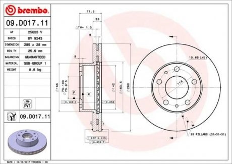 Гальмівний диск BREMBO 09.D017.11 (фото 1)