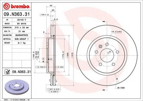 Tarcza ham. tył BUICK (SGM)/OPEL/VAUXHALL BREMBO 09N36331 (фото 1)