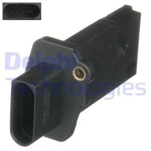Витратомір повітря (5 pin, модуль) AUDI A3, A4 B8, A5, Q7, TT, SEAT ALTEA, ALTEA XL, LEON, TOLEDO III, SKODA OCTAVIA II, SUPERB II, VW BEETLE, EOS, GOLF V, GOLF VI, JETTA III 1.8/2.0/4.2D 09.04-07.18 Delphi AF1051012B1