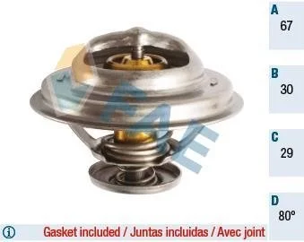 Термостат системи охолодження (80°C) CITROEN BX, C15/MINIVAN, VISA, FORD GRANADA, GRANADA II, JEEP CHEROKEE, CJ5 - CJ8, PEUGEOT 205 I, 205 II, 305 II, 505, J5, RENAULT 18 1.7D-2.5D 03.80-12.00 FAE 5301680