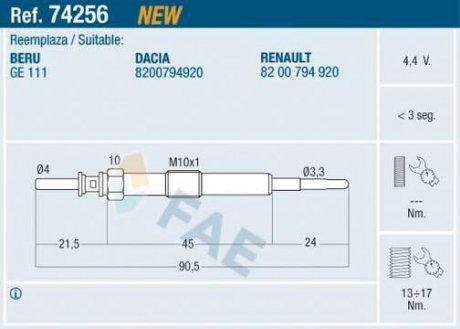 Свічка розжарювання FAE 74256