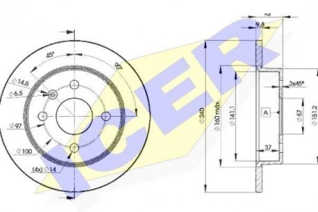 Диск гальмівний (задній) Opel Astra G/H 98-/Meriva 99-10 (240x10) (з покриттям) (повний) ICER 78BD91082