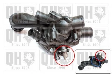 Термостат Citroen Berlingo/C3/C4/Peugeot Partner 1.4/1.6 09- (в сборе с датчиком температуры) (QUINTON HAZELL) JP GROUP QTH791K
