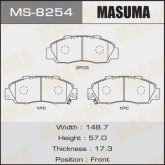 Колодка гальмівна передня Honda Accord (-02), Civic (-00), CR-V (-01), HR-V (-06), Legend (-04) MASUMA MS8254