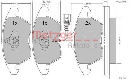 Колодки гальмівні (передні) VW Caddy 03- (вушка вниз)) (6980.02) METZGER 1170007 (фото 1)