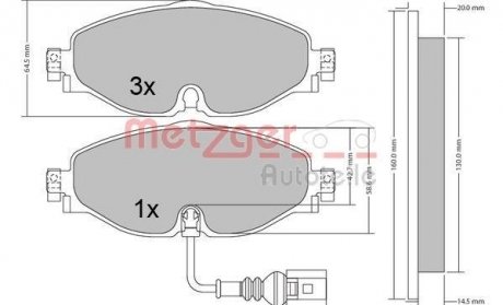 Колодки гальмівні (передні) Audi A3/Q2/Q3/Seat/Skoda Octavia/Kodiaq/VW Golf/Passat B8 12- (+датчик) METZGER 1170411