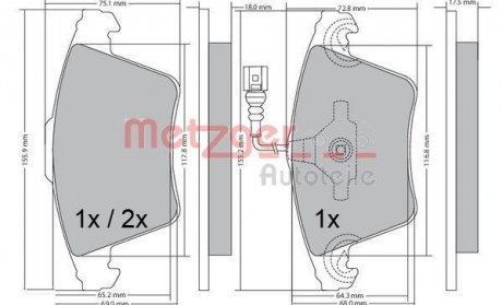 Колодки гальмівні (передні) VW T5 03-(18mm/17.6mm)/(з датчиками) METZGER 1170422 (фото 1)