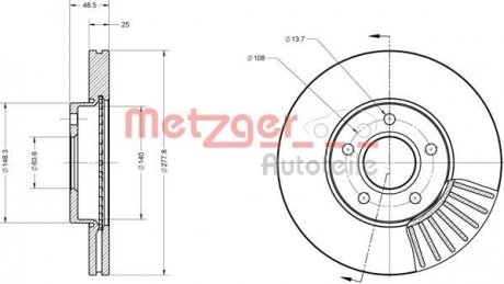 Диск тормозной (передний) Ford C-max/Focus/Volvo C30/C70/S40/V50 04- (278x25) METZGER 6110070