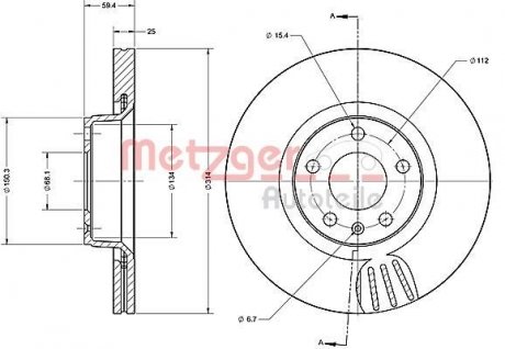 Диск гальмівний (передній) Audi A6 04-11 (314х25) METZGER 6110335