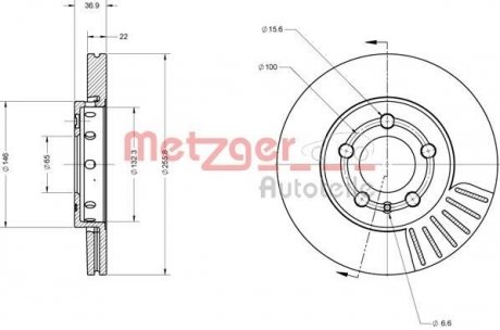 Диск тормозной (передний) Skoda Octavia/Fabia/Roomster 06- (256x22) METZGER 6110627