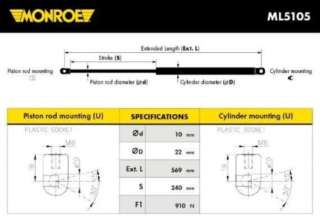 Амортизатор багажника T4 (570mm,910N) MONROE ML5105