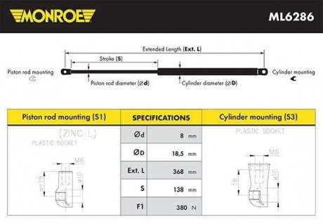 Пружина газова кришки багажника MONROE ML6286