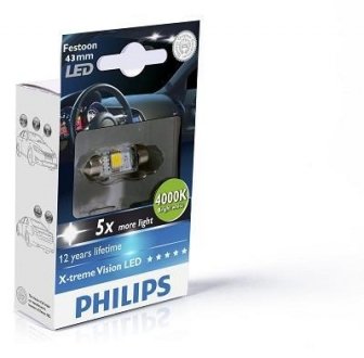 Festoon T10,5x43 X-tremeVision LED 4000K 12V 1W SV8,5 PHILIPS 129454000KX1 (фото 1)