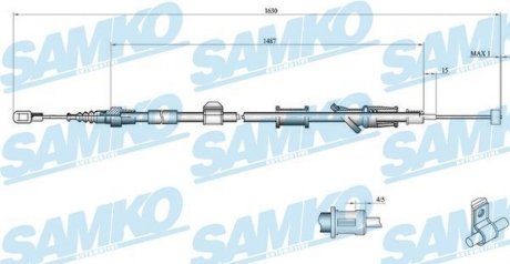 Трос ручного гальма.r. S40 /L/ 1615/1470 SAMKO C0916B (фото 1)