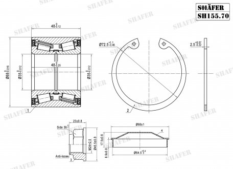 Подшипник задний Renault Trafic, Vivaro, Primastar, 03- (35x48x68), монт. ккт.+ SHAFER SH155.70K (фото 1)