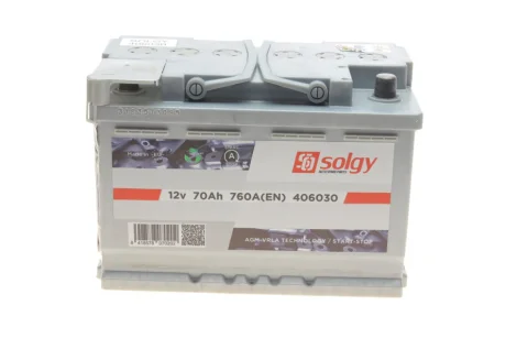 Акумуляторна батарея 70Ah/760A (278x175x190/+R/B13) (Start-Stop AGM) Solgy 406030