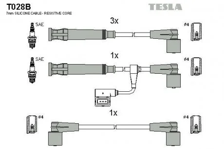 Фото комплект кабелів запалювання TESLA T028B Комплект кабелів запалювання TESLA T028B