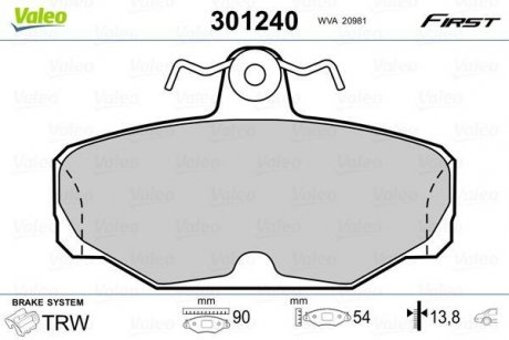 Тормозные колодки FORD T. SCORPIO 1,8-2,9 84- Valeo 301240