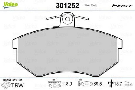 Тормозные колодки VW P. CADDY/GOLF/PASSAT/VENTO 88-04 BEZ CZUJNIKA Valeo 301252