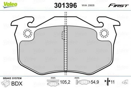 Тормозные колодки PEUGEOT T. 106/206/306/309 93- Valeo 301396