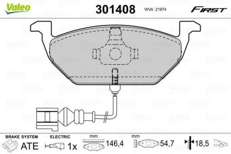 Тормозные колодки SKODA P. FABIA/OCTAVIA/ROOMSTER/YETI 96- Z CZUJNIKIEM Valeo 301408 (фото 1)