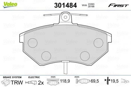 Тормозные колодки AUDI P. A4 95-04 Z CZUJNIKIEM Valeo 301484 (фото 1)