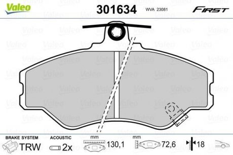 Тормозные колодки, дисковый тормоз (набор) Valeo 301634