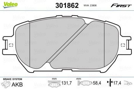 Тормозные колодки TOYOTA P. CAMRY 01-06 Valeo 301862 (фото 1)