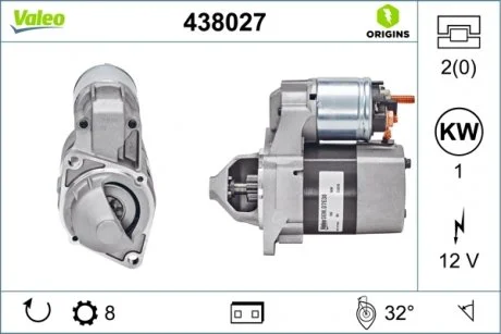Стартер (12В, 1кВт, новий із заставою) MERCEDES A (W168), A (W169), B SPORTS TOURER (W245), VANEO (414) 1.4-2.1 07.97-06.12 Valeo 438027