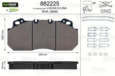 Комплект гальмівних колодок, дискове гальмо, RVI Magnum Premium 249x110x28 Valeo 882225 (фото 1)