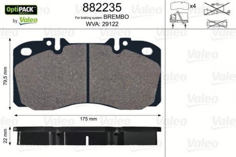 Колодки гальмівні, WVA29122; 175x79, 5x22, без датчика зносу Valeo 882235